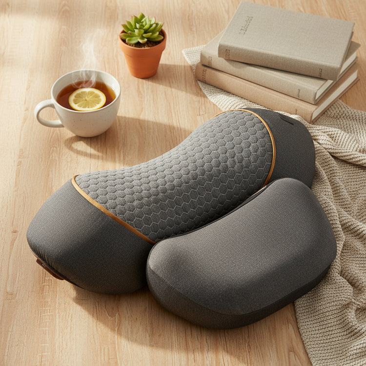 “Zafy Wellness™ 3-in-1 neck massager with heat, vibration, and gentle traction on a cozy home setting”